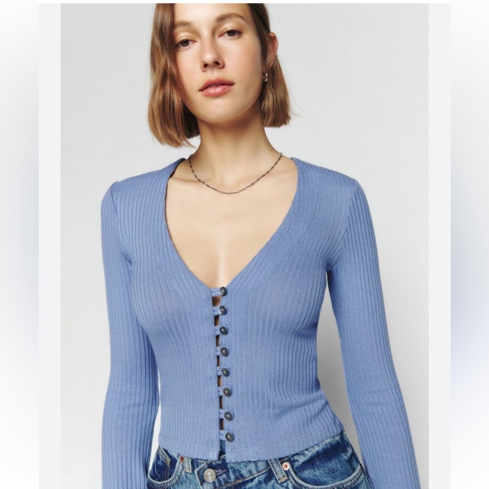 Reformation V-Neck Ribbed Longsleeve Gellar Knit Top - Blue